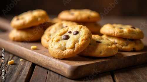Freshly baked chocolate chip cookies on wooden tray on rustic table surface. photo