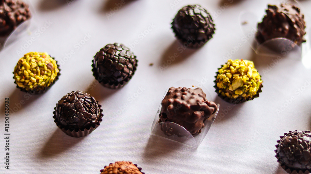 Brigadeiros gourmet sobre mesa elegante. Sabores meio amargo e pistache em destaque, ideais para festas, docerias e sobremesas refinadas