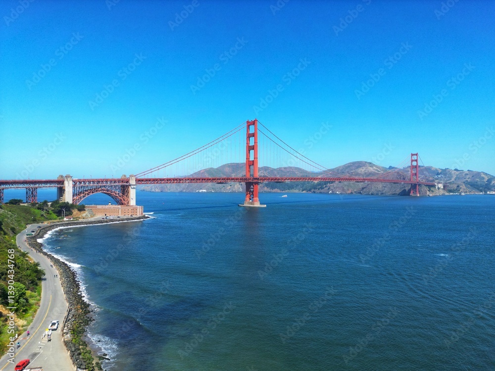 Drone view of the Golden Gate Bridge and Fort Point in San Francisco, California