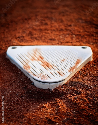 Dusty home plate stands firmly on the orange infield dirt as the sun begins to set.
