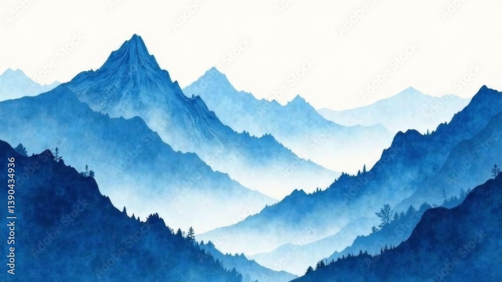 Fototapeta premium Illustration of blue mountains in the fog, art, white background,