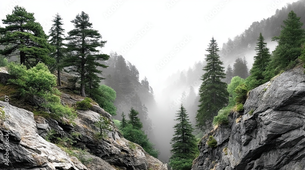 Obraz premium Layout Overlay Transparent Misty Forest Landscape with Rocky Terrain and Pines