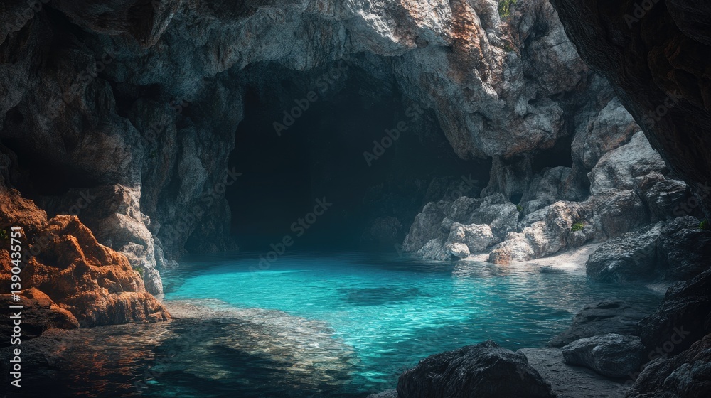 Serene Cave with Crystal Clear Water in Natural Landscape, Stunning Rock Formations, and Peaceful Atmosphere Serene Cave with Crystal Clear Water in Natural Landscape, Stunning Rock Formations, and Peaceful Atmosphere