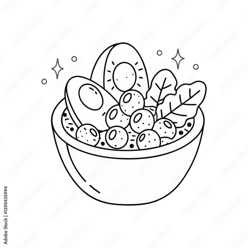 Healthy smoothie bowl with avocado, berries, and greens in a fresh, minimalist vector line style. Healthy smoothie bowl with avocado, berries, and greens in a fresh, minimalist vector line style.