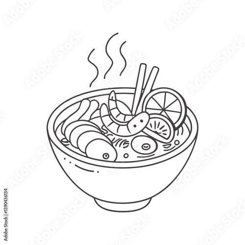 Seafood noodle soup with shrimp, lemon slices, and steam in a flavorful minimalist vector line style.