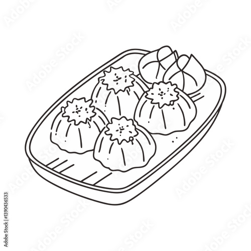 Vector illustration of steamed dumplings and dim sum on a tray, showcasing traditional Asian cuisine in a clean, minimal outline style.