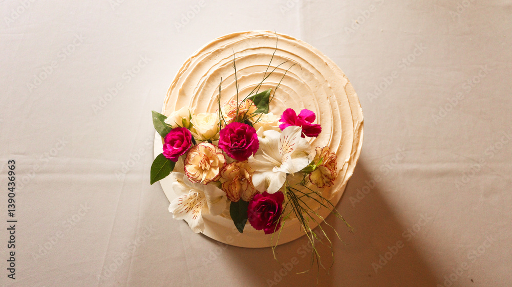 Bolo de casamento decorado sobre mesa elegante. Detalhes românticos e festivos, perfeito para temas de casamento e celebrações
