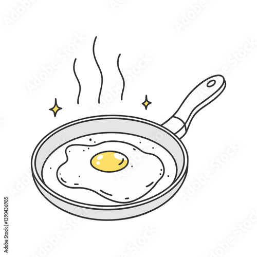 Vector illustration of a fried egg sizzling in a pan with steam and sparkles, representing a classic, warm breakfast in a clean, minimal style.