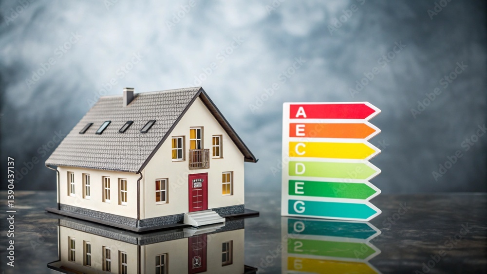 House figurine and energy efficiency scale. Energy rating scales. Insulation, eco-friendly design, and sustainable living. House figurine and energy efficiency scale. Energy rating scales. Insulation, eco-friendly design, and sustainable living.