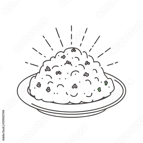 Vector illustration of a plate of fried rice with radiant lines, emphasizing a delicious, savory, and comforting Asian dish in minimal outline style.