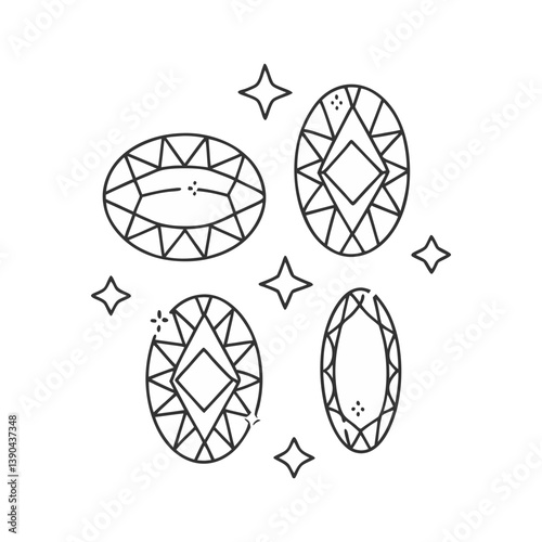 Vector illustration of sparkling oval gemstones with faceted cuts and clean outlines, perfect for luxury or jewelry-themed designs.