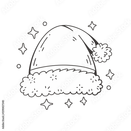Santa hat with fluffy trim and pom-pom surrounded by sparkles in a clean, festive vector line style.