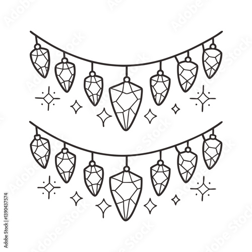 Geometric crystal garlands with sparkling stars in a minimal linear vector style on a white background.