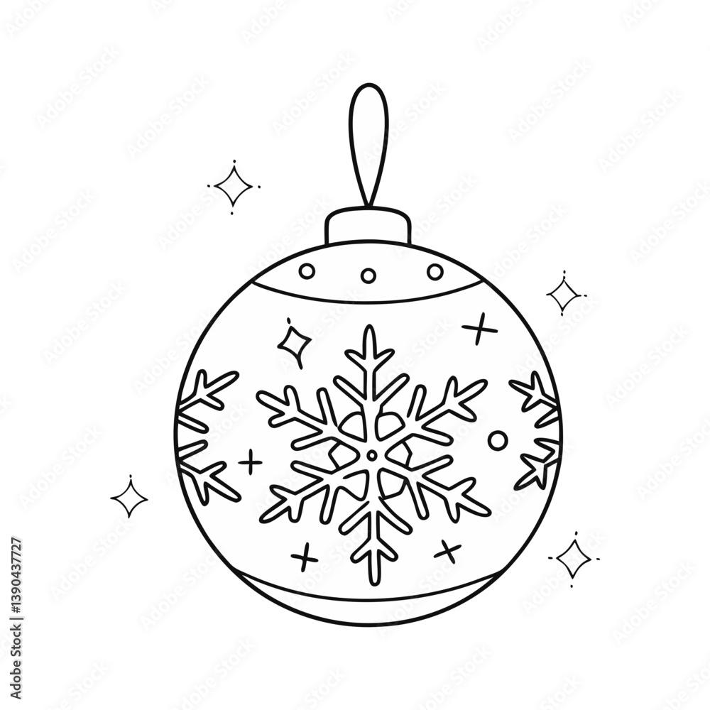 Fototapeta premium Christmas ornament vector with snowflake design and sparkles in elegant black and white line art style