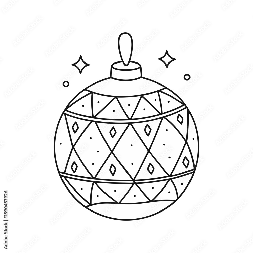 Fototapeta premium Christmas ornament ball vector with geometric diamond pattern and sparkles in clean black and white line art style