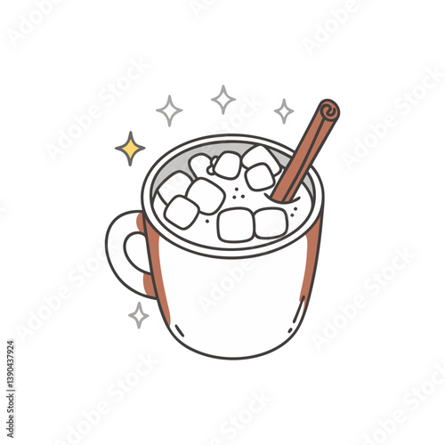 Hot cocoa vector with marshmallows and cinnamon stick in cozy black and white style with brown accent