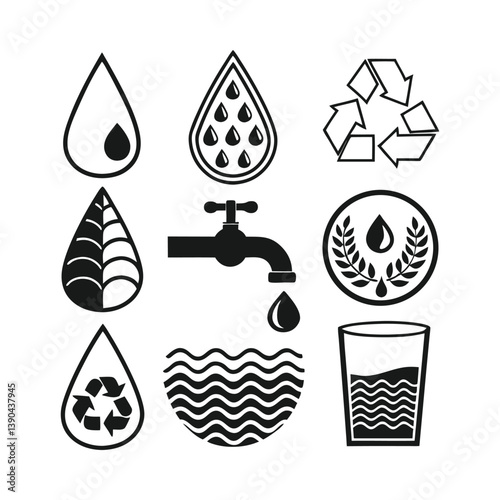 Minimalist Black and White Water Icons with Droplets, Waves and Conservation Symbols in Clean Vector Style