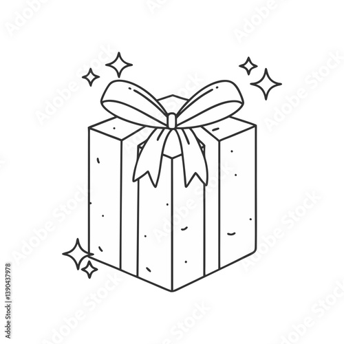 Christmas gift box vector with ribbon and sparkles in simple black and white festive line art style