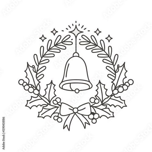 Christmas wreath vector with hanging bell, holly, and bow in elegant black and white line art style