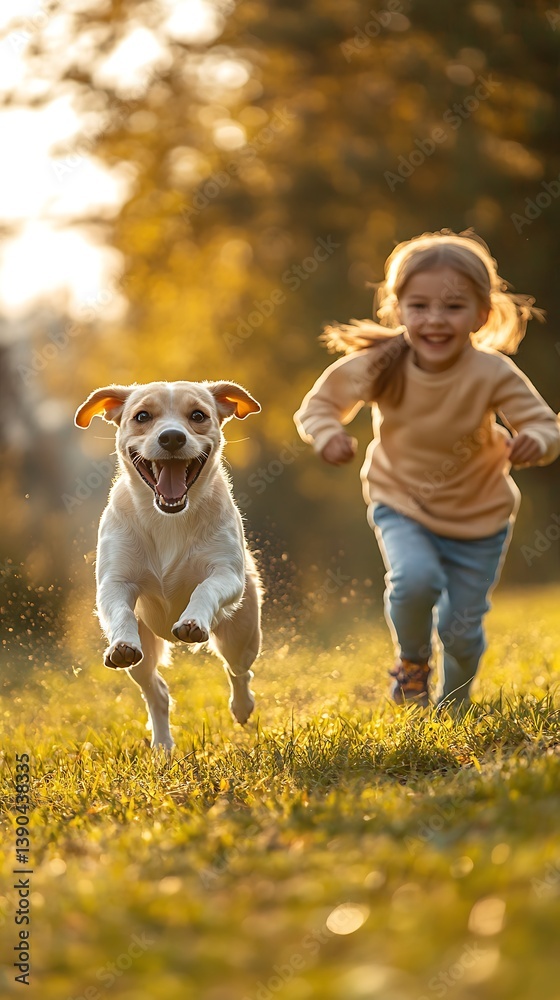 Fototapeta premium Child and dog is running on the grass. Happy pet