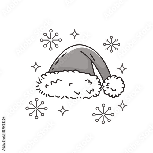 Santa hat vector with fluffy trim surrounded by snowflakes and sparkles in festive black and white style