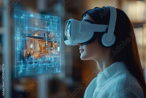Wallpaper Mural Woman in virtual glasses gazes at a house, immersed in virtual reality exploration. Torontodigital.ca