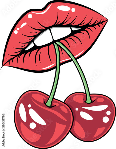 Bold Vector Illustration of Glossy Red Lips Biting Juicy Cherries with Vibrant Color and Stylish Pop Art Design