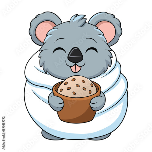 Adorable Cartoon Koala Wrapped in Blanket Holding Cookies Cute Animal Character Art for Kids, Merch, Stickers, and Prints