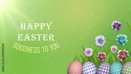 happy easter and goodness to you greeting on green blur background with animated easter eggs and colourful flowers. easter holiday greeting and blessings illustration image.