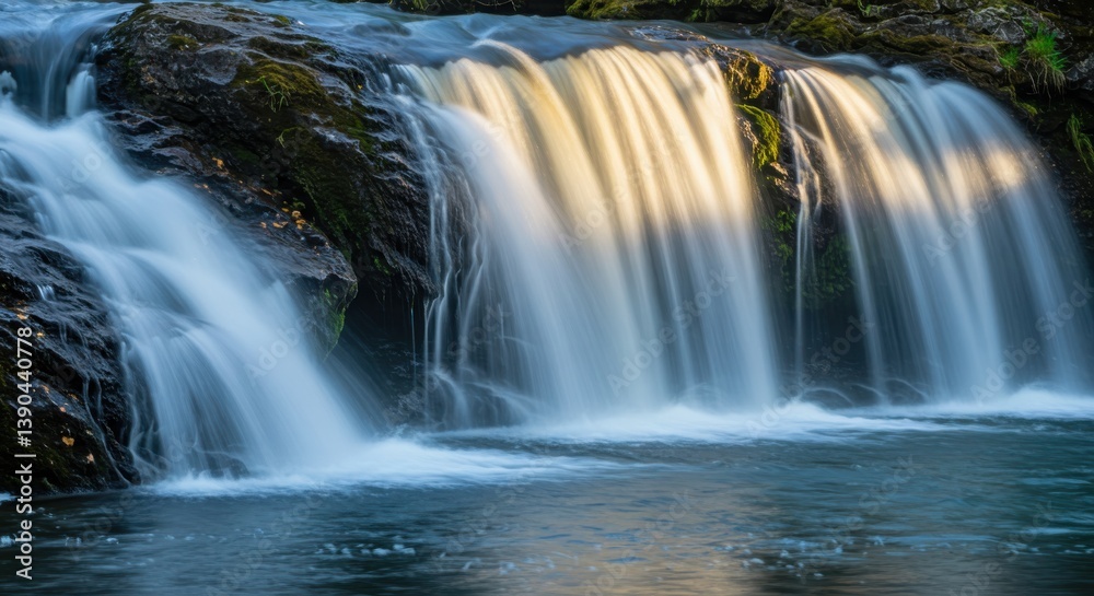 A scenic waterfall cascading over rocks with a smooth water effect in a natural environment view A scenic waterfall cascading over rocks with a smooth water effect in a natural environment view