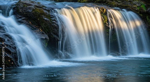 A scenic waterfall cascading over rocks with a smooth water effect in a natural environment view