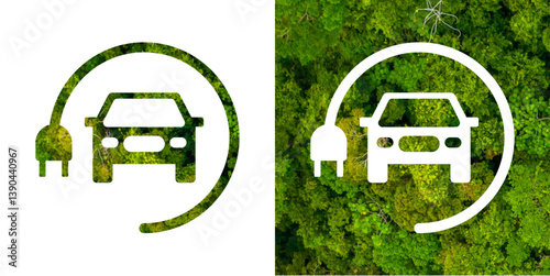 Simple electric car icon vector with plug symbol and green eco background, clean energy concept, suitable for eco transport, sustainable mobility, future vehicle illustration design.