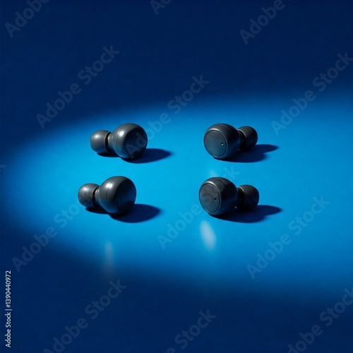 Wireless earbuds aligned symmetrically with a slight reflective gleam