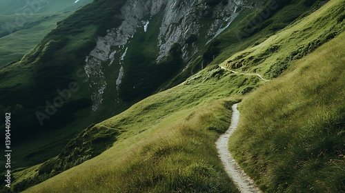 Winding mountain trail through lush green hills. photo