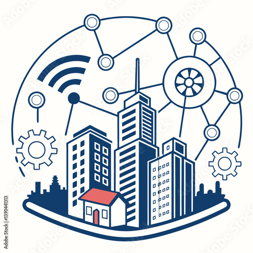 Smart city illustration with technology networks and buildings on a light background.
