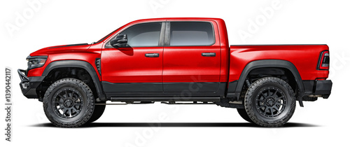 Modern powerful American red pickup truck, side view in png format. photo