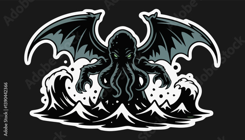 Fotografía A sticker with the image of the god Cthulhu walking on the sea on a black isolated background
