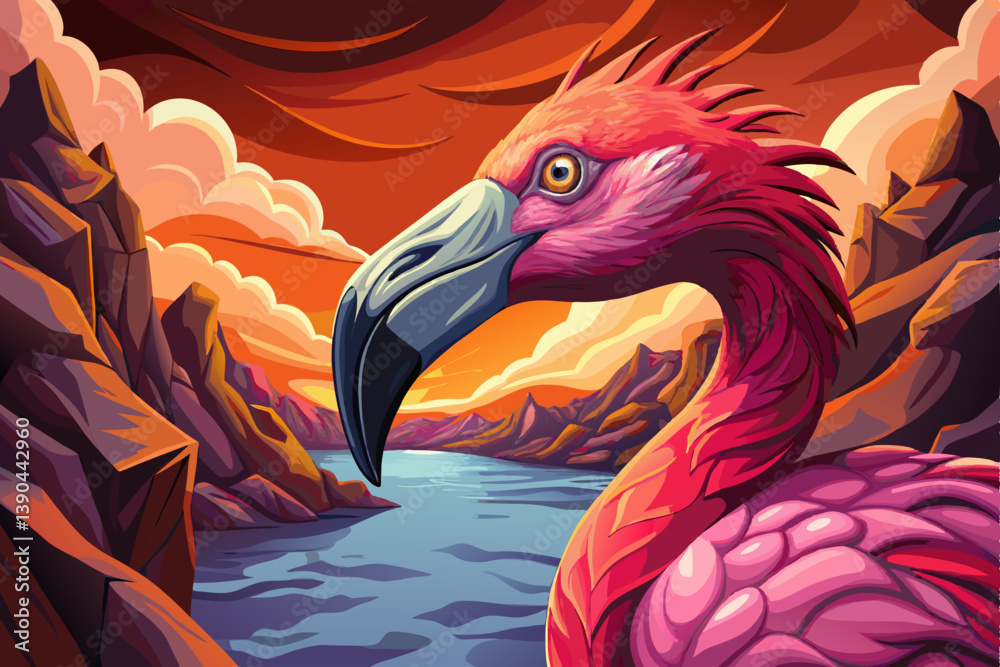 Obraz premium pink african flamingo portrait on an alien rock formation under a strange colored sky, animal banner