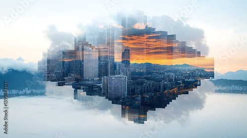 City Floating on Clouds at Sunrise