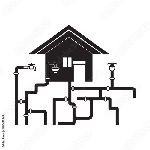 House plumbing system vector diagram showing water flow and pipe network, ideal for plumbing services, home renovation, engineering, construction, or instructional visuals.