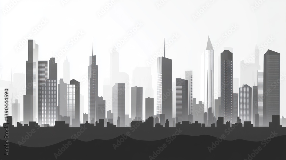 Naklejka premium Cityscape silhouette, urban skyline, hazy day, background image, illustration, possible use in posters or presentations