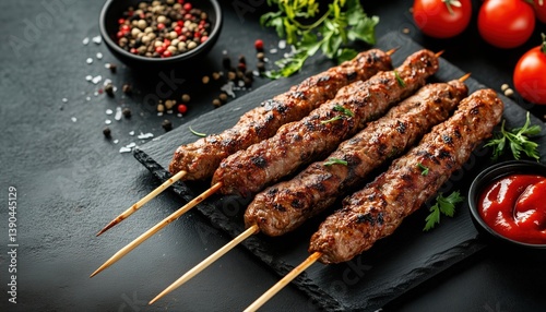 Ground Beef Shish Kebab On A Stick: A Traditional Caucasian Dish With Ketchup, Spices, And Tomatoes On A Chopping Board. A Black Concrete Background.