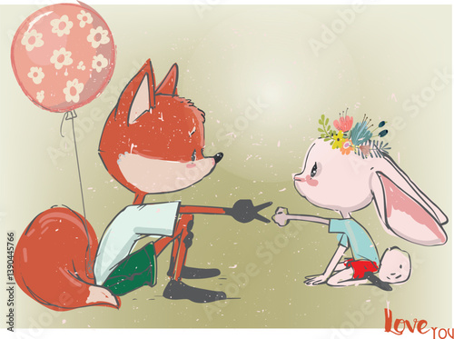 cute little foxy girl with a rabbit