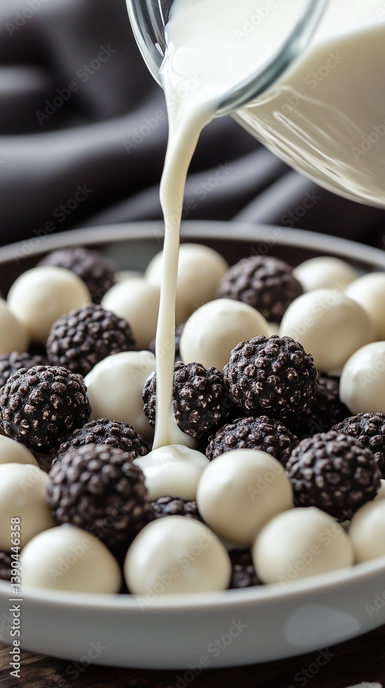 Bowl of textured cereal balls with milk pouring into bowl, splashing and scattered cereal. Bowl of textured cereal balls with milk pouring into bowl, splashing and scattered cereal.