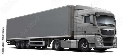 A modern European truck with a cab and semi-trailer in full gray. Front side view isolated on white background.