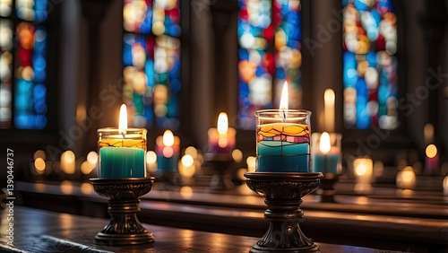 Lit candles of various sizes on a table with blurred stained glass windows and warm lighting in the background.