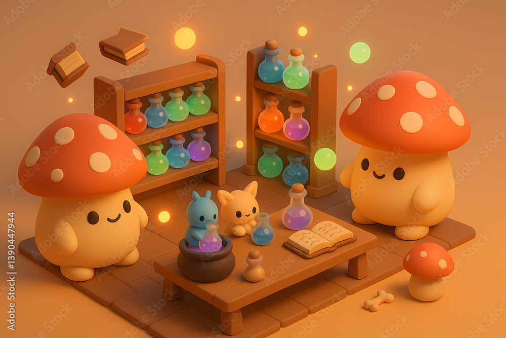 3D Isometric Fantasy Lab with Glowing Potions, Chubby Mushrooms, Floating Books, and Tiny Magical Creatures 3D Isometric Fantasy Lab with Glowing Potions, Chubby Mushrooms, Floating Books, and Tiny Magical Creatures
