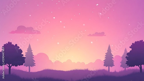Pink sunset landscape with silhouette trees and stars.