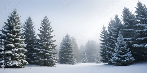 Snow-covered Evergreens Create A Serene Winter Scene. Tranquil Atmosphere, Fresh Snow Drapes The Trees And Land. Winter Flurries Add Depth. A Crisp, Peaceful Winter Day.