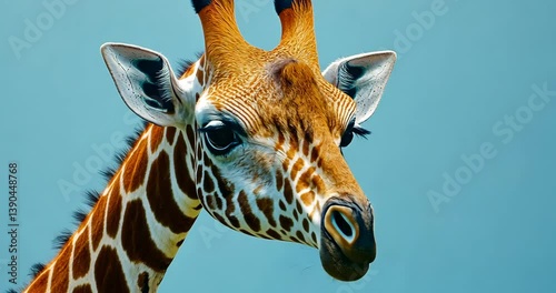 Close-up of a giraffe against a blue background.